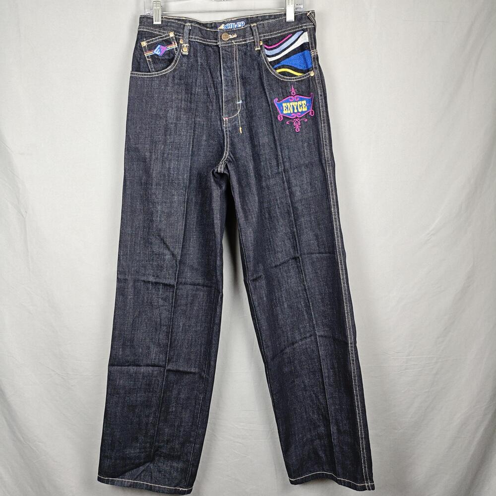 Enyce Jeans Teens 32x30 Blue Dark Wash Relaxed Straight Leg Embroidered Denim